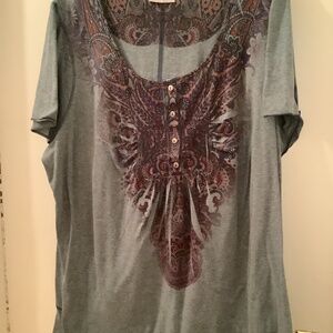 BOHO long casual tee plus size shirt top with pattern front and detail seam
